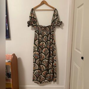 RHODE Resort Smocked Maxi Dress With Puff Sleeves in Mushroom Print | Size Small